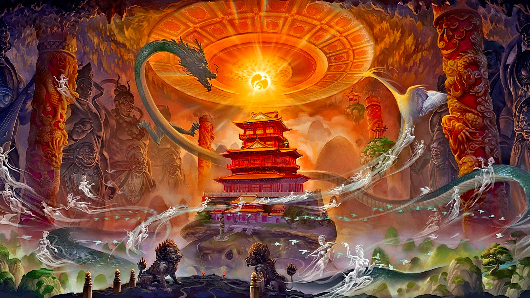 東方龍與靈塔 壁紙 — 一座雄偉的紅色寶塔漂浮在神秘的洞穴中，被發光的太陽圓盤照亮，龍和空靈的身影在古老的柱子周圍旋轉。