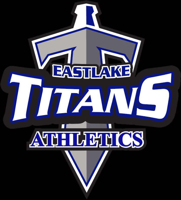 東萊克泰坦隊體育標誌 壁紙 — 一個大膽的 Eastlake Titans Athletics 標誌，帶有灰色和藍色劍徽章，以及黑色背景上的白色和藍色文字。