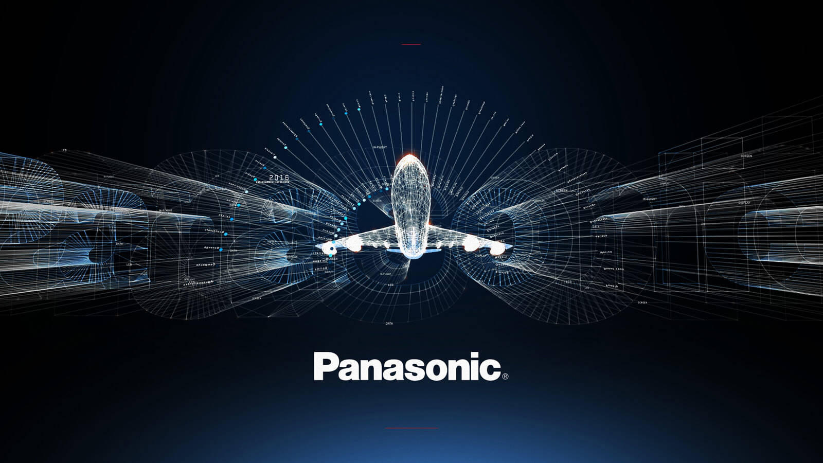 帶有發光藍色線條和 Panasonic 標誌的數位線框未來派飛機。