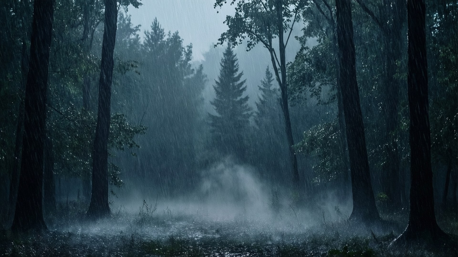 黑暗森林中的高大樹木在大雨中，潮濕地面升起霧氣。