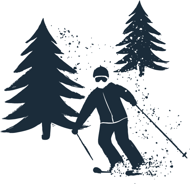 松林間越野滑雪 壁紙 — 一名滑雪者的剪影在黑暗的天空下，穿過兩旁高聳松樹的雪林滑行。