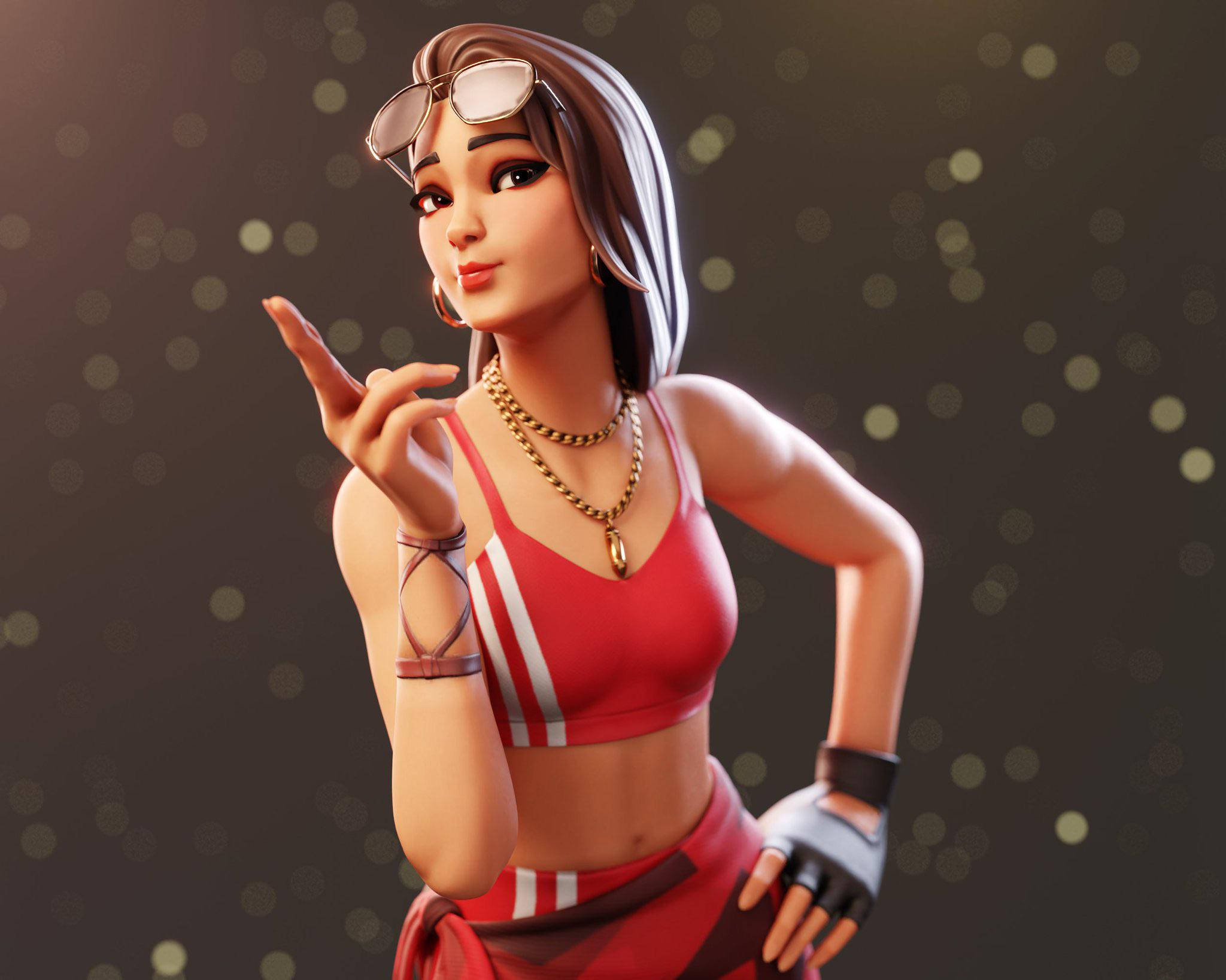 板walk Ruby《Fortnite》時尚姿勢 壁紙 — 一位風格化的女玩家穿著紅色運動服，在散景照明背景下自信地擺姿勢。
