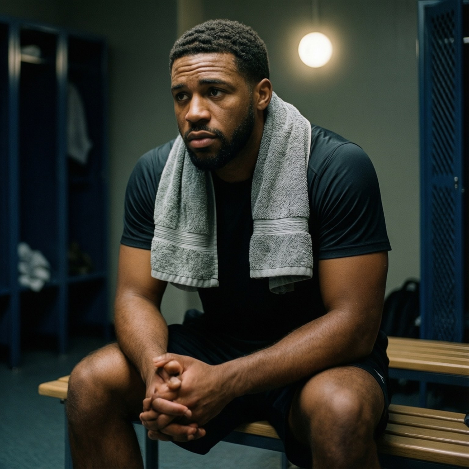 一個肌肉發達的男人，毛巾圍在脖子上，坐在更衣室的木凳上，看起來若有所思。