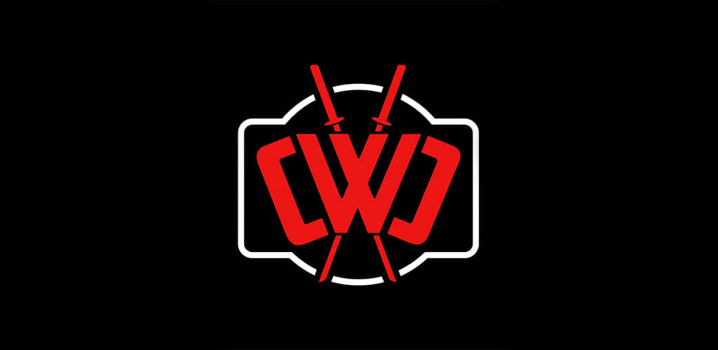 黑色背景上白色盾牌內有交叉劍的紅色CWJ標誌。
