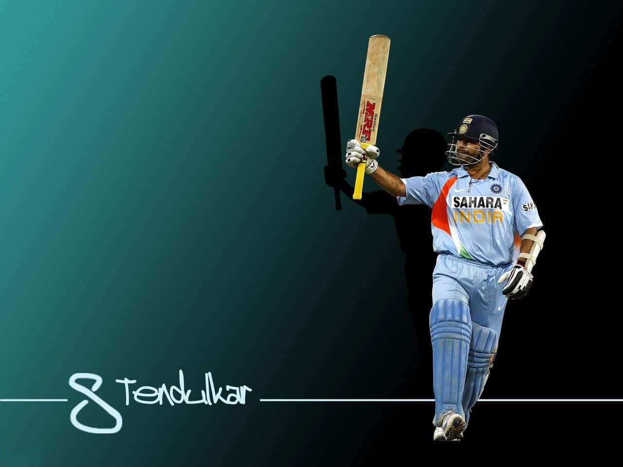 Sachin Tendulkar 桌布 壁紙 — 板球傳奇沙欽·坦杜卡穿上藍色印度隊服，在青綠色漸變背景前勝利地高舉球棒。