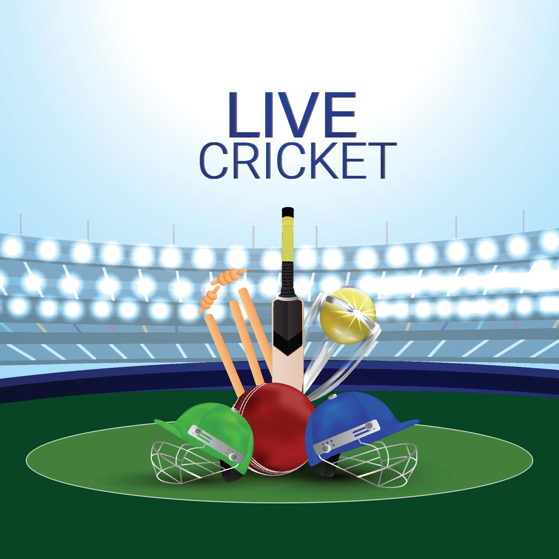 Cricket Ground 桌布 壁紙 — 板球裝備包括球棒、球、三柱門、頭盔和獎盃，在體育場燈光下的綠色球場上排列，並帶有「LIVE CRICKET」文字。