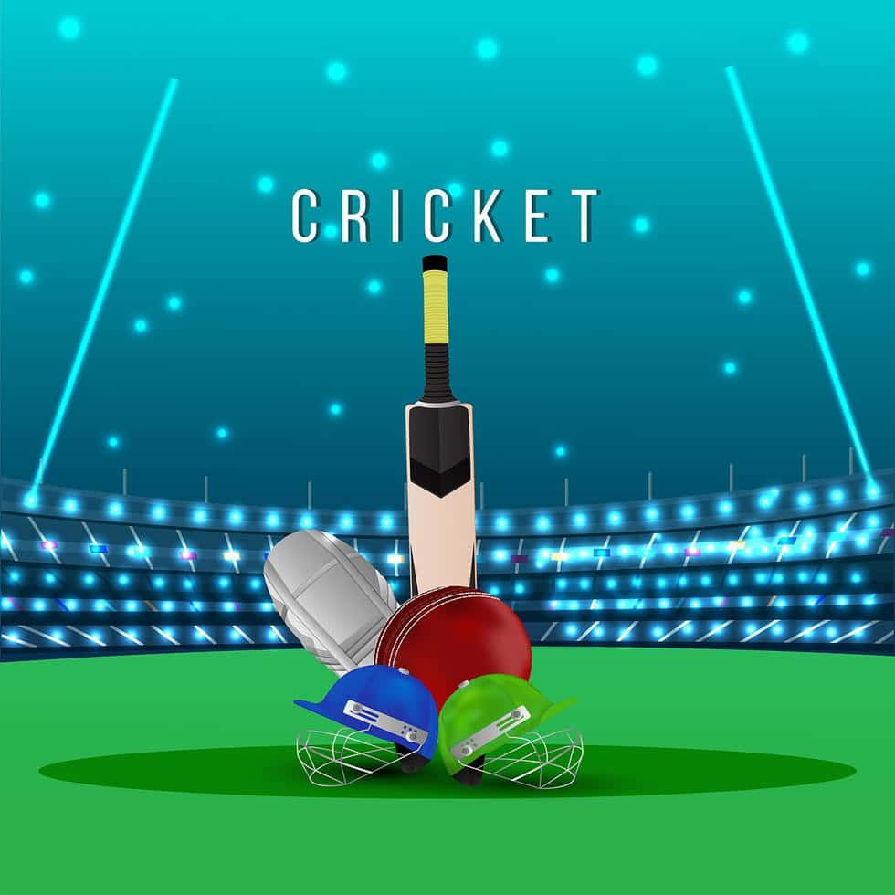 Cricket Ground 桌布 壁紙 — 板球裝備包括球棒、頭盔和球，在體育場燈光下的綠色球場上排列，並帶有'CRICKET'文字。
