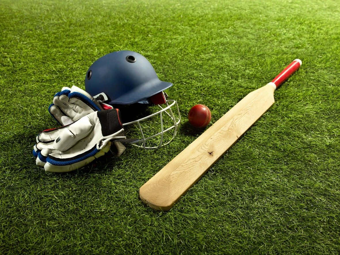 Cricket 桌布 壁紙 — 板球裝備包括頭盔、手套、球棒和球，放置在充滿活力的綠色草地上。