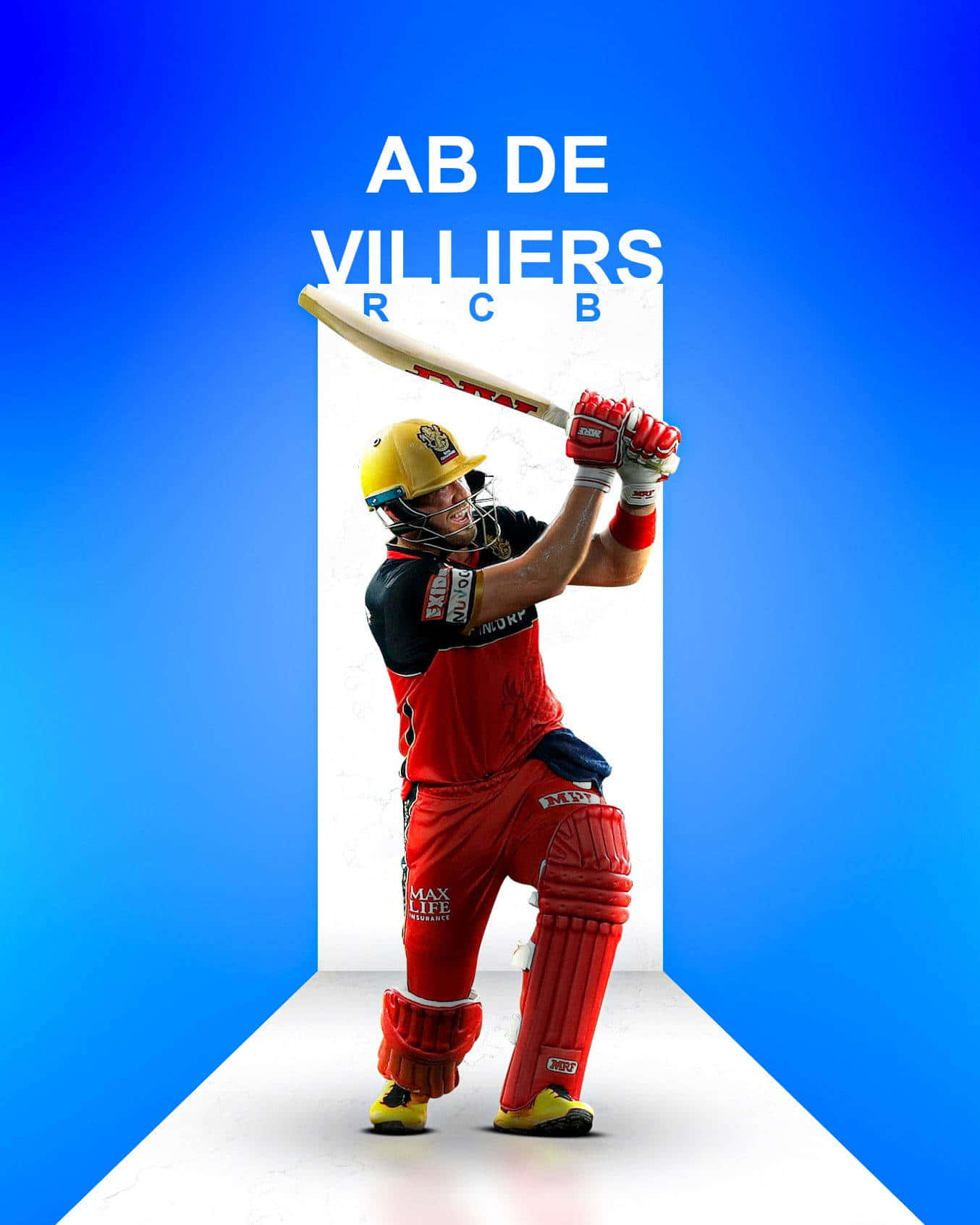 Rcb 桌布 壁紙 — 板球運動員 AB de Villiers 身穿紅色裝備，準備在鮮明的藍色漸變背景上擊球。