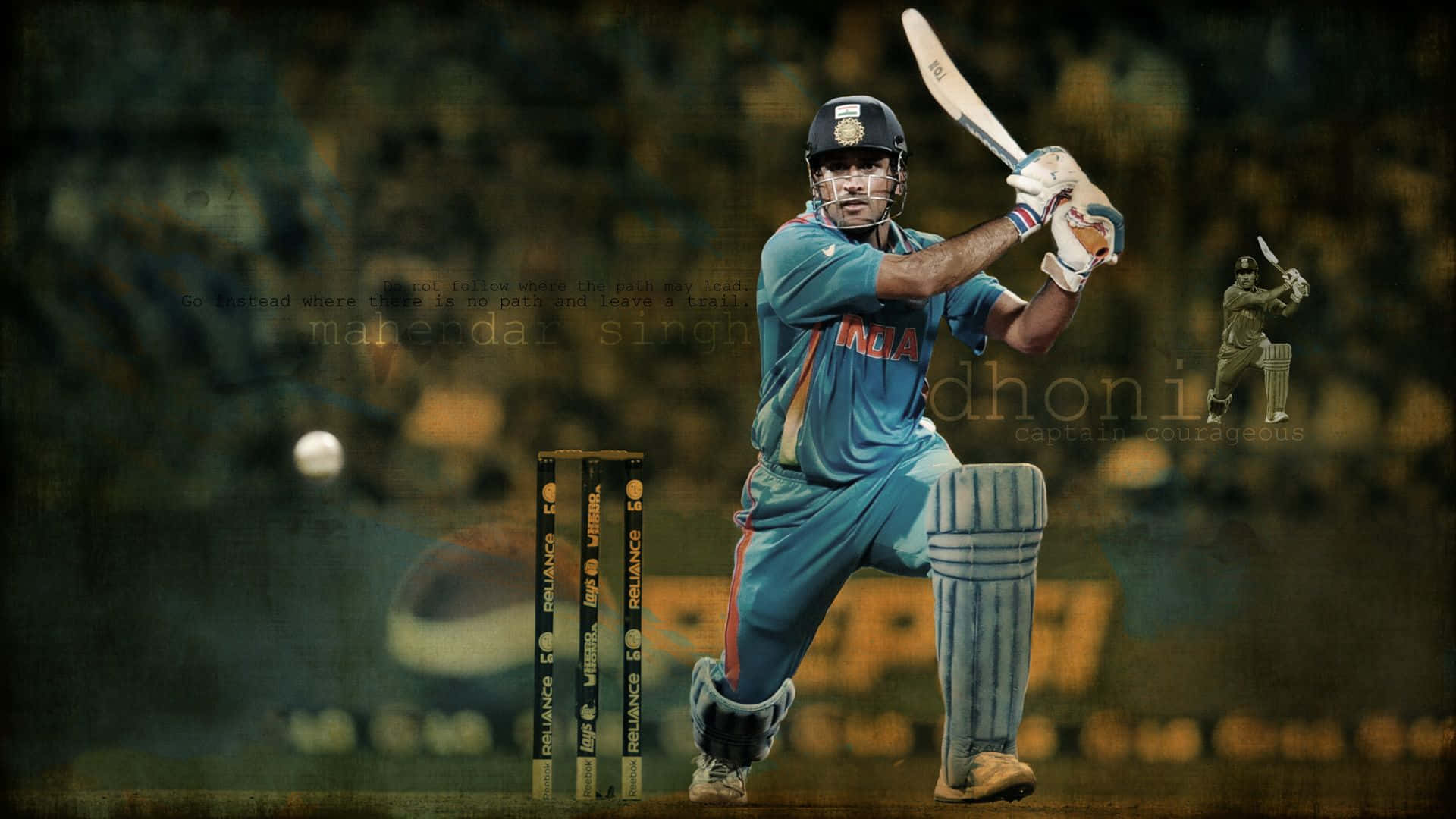 Cricket 桌布 壁紙 — 板球運動員 Mahendra Singh Dhoni 身穿藍色印度隊服，在模糊的體育場背景下揮桿，帶有復古濾鏡。