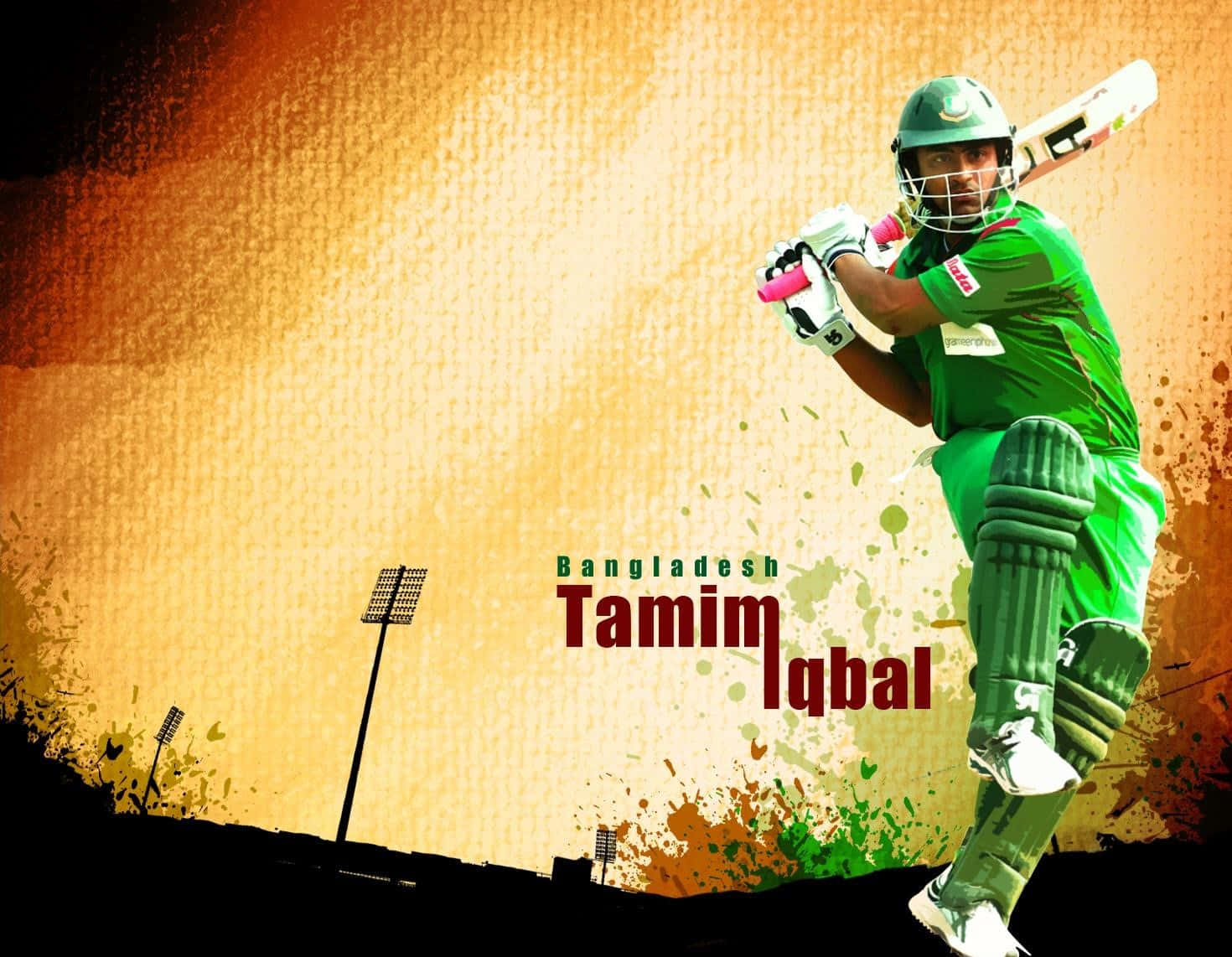 Cricket 桌布 壁紙 — 板球運動員 Tamim Iqbal 身穿綠色球衣，在紋理橙色背景和體育場燈光下揮桿中。