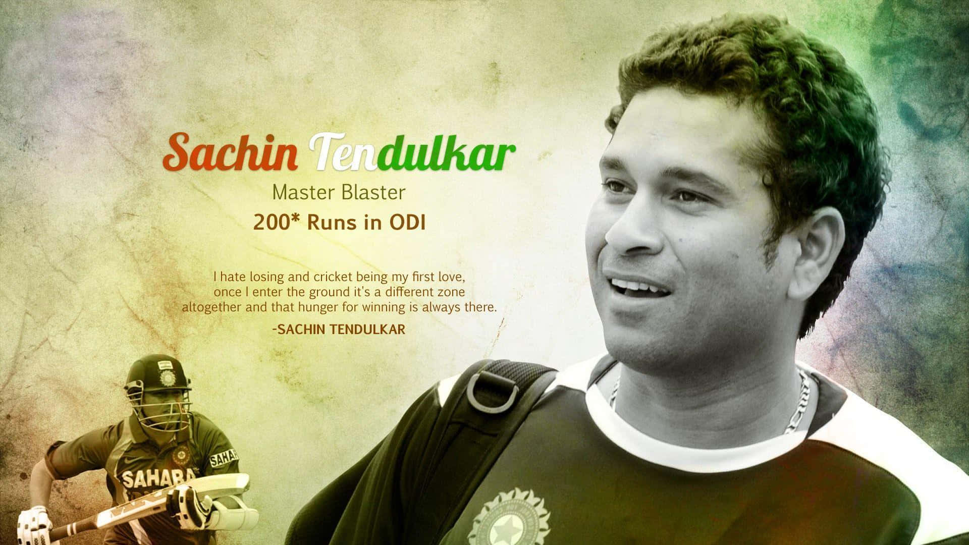 Sachin Tendulkar 桌布 壁紙 — 板球運動員薩欽·坦杜卡（Sachin Tendulkar）的肖像，微笑著，背景為復古紋理，並附有他關於板球熱情的名言。