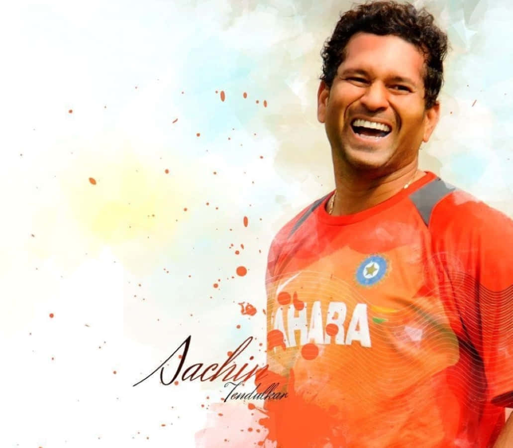 Sachin Tendulkar 桌布 壁紙 — 板球運動員薩欽·坦杜卡在橙色球衣上的歡樂肖像，帶有水彩潑濺效果，下方寫有他的名字。