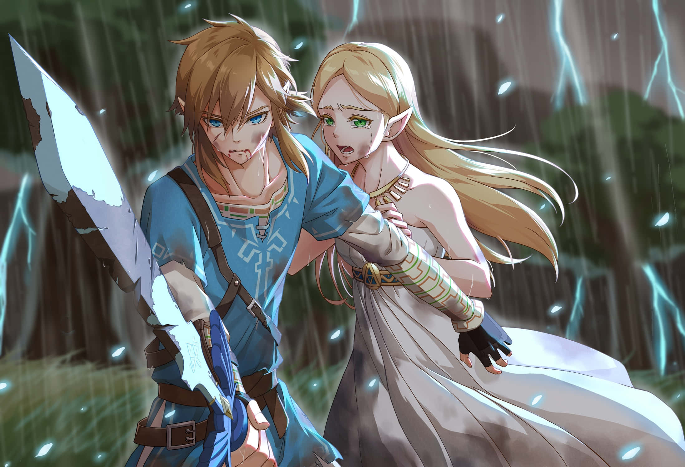 The Legend Of Zelda Characters 桌布 壁紙 — 林克和塞爾達一起站在暴風雨的森林中，林克握著一把斷劍，雨水和閃電在他們周圍閃爍。