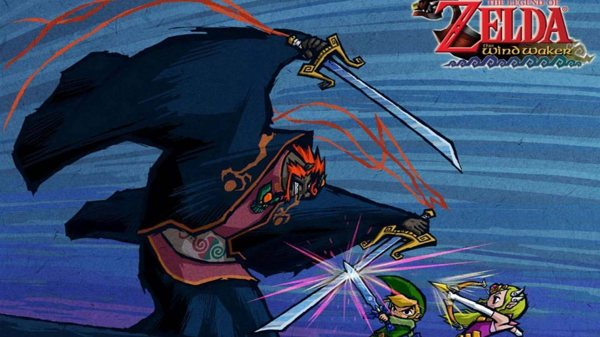 The Legend Of Zelda The Wind Waker 桌布 壁紙 — 林克和薩爾達在藍色紋理天空下與一名身穿暗色長袍、散發紅色光芒的劍士戰鬥。