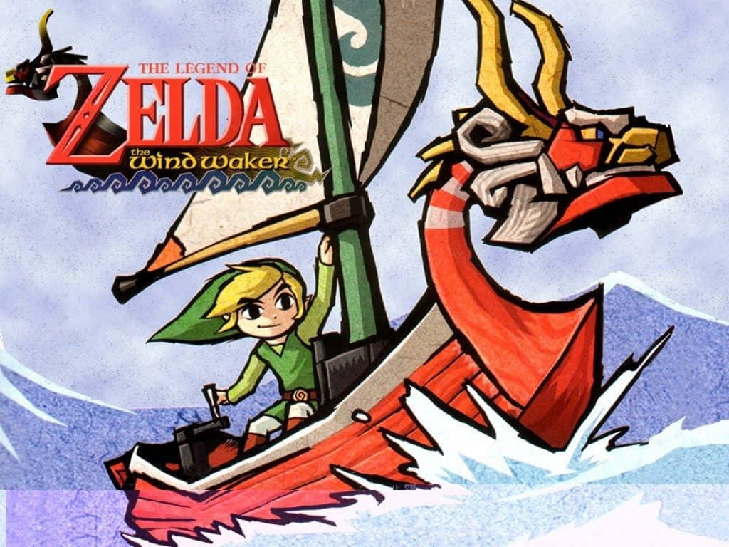 The Legend Of Zelda The Wind Waker 桌布 壁紙 — 林克喺《薩爾達傳說 風之律動》中駕駛佢嘅紅色龍頭船穿過藍色波浪。