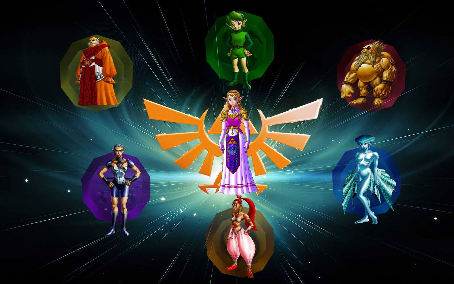 薩爾達和六個其他電子遊戲角色在六邊形框架中，背景是星光燦爛的宇宙。