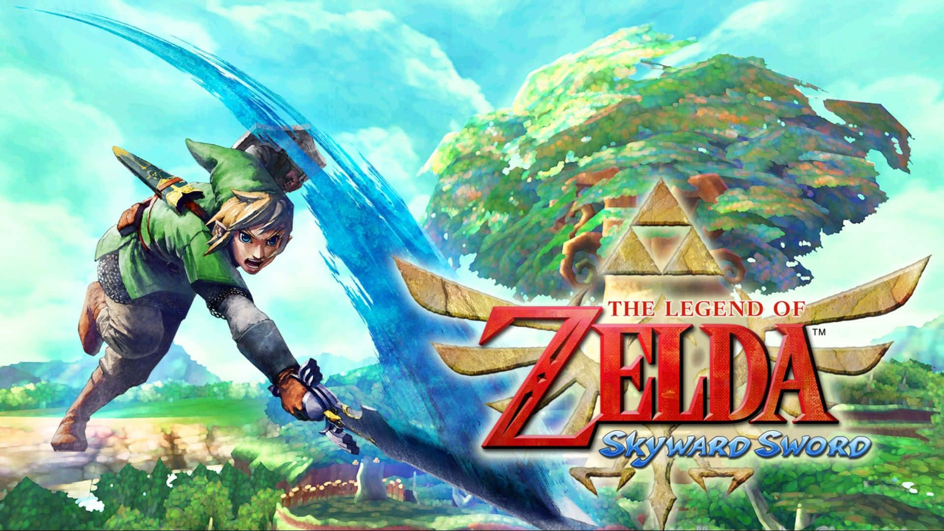 The Legend Of Zelda Skyward Sword 桌布 壁紙 — 林克在明亮的天空背景下，以動感姿勢揮劍，並有浮空島嶼和遊戲標題疊加。