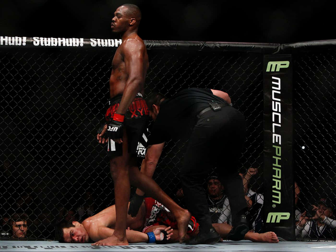 MMA拳手在八角籠中勝利地站在倒下的對手之上
