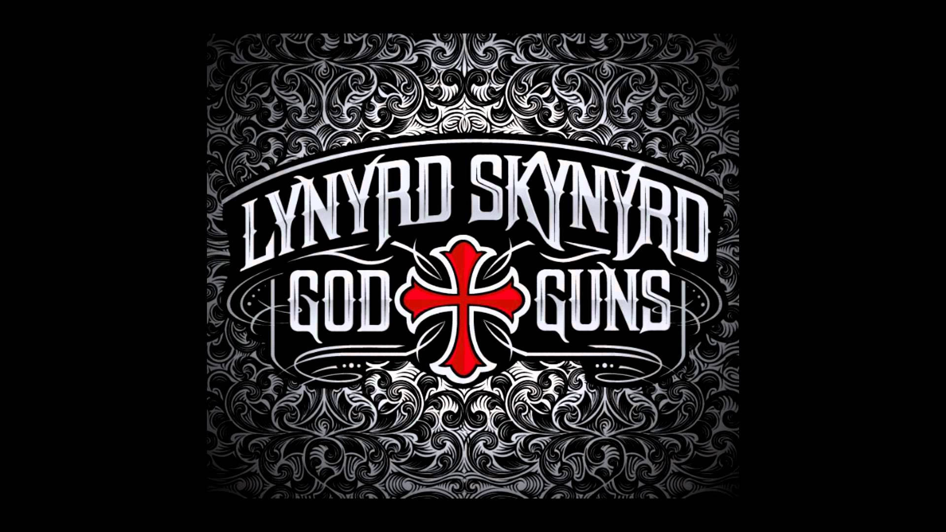 Lynyrd Skynyrd的God and Guns專輯標誌，裝飾背景上帶有紅色十字架。