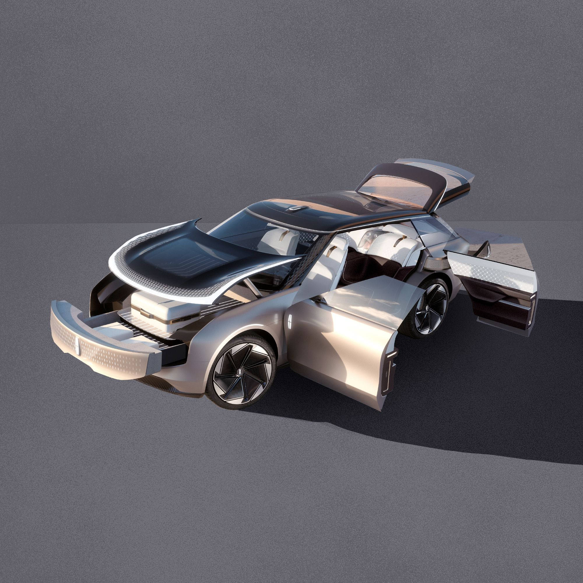 林肯未來概念電動車3D模型 壁紙 — 一輛未來感十足的銀色概念車，鷗翼車門敞開，在簡約灰色工作室背景下展現豪華內飾。