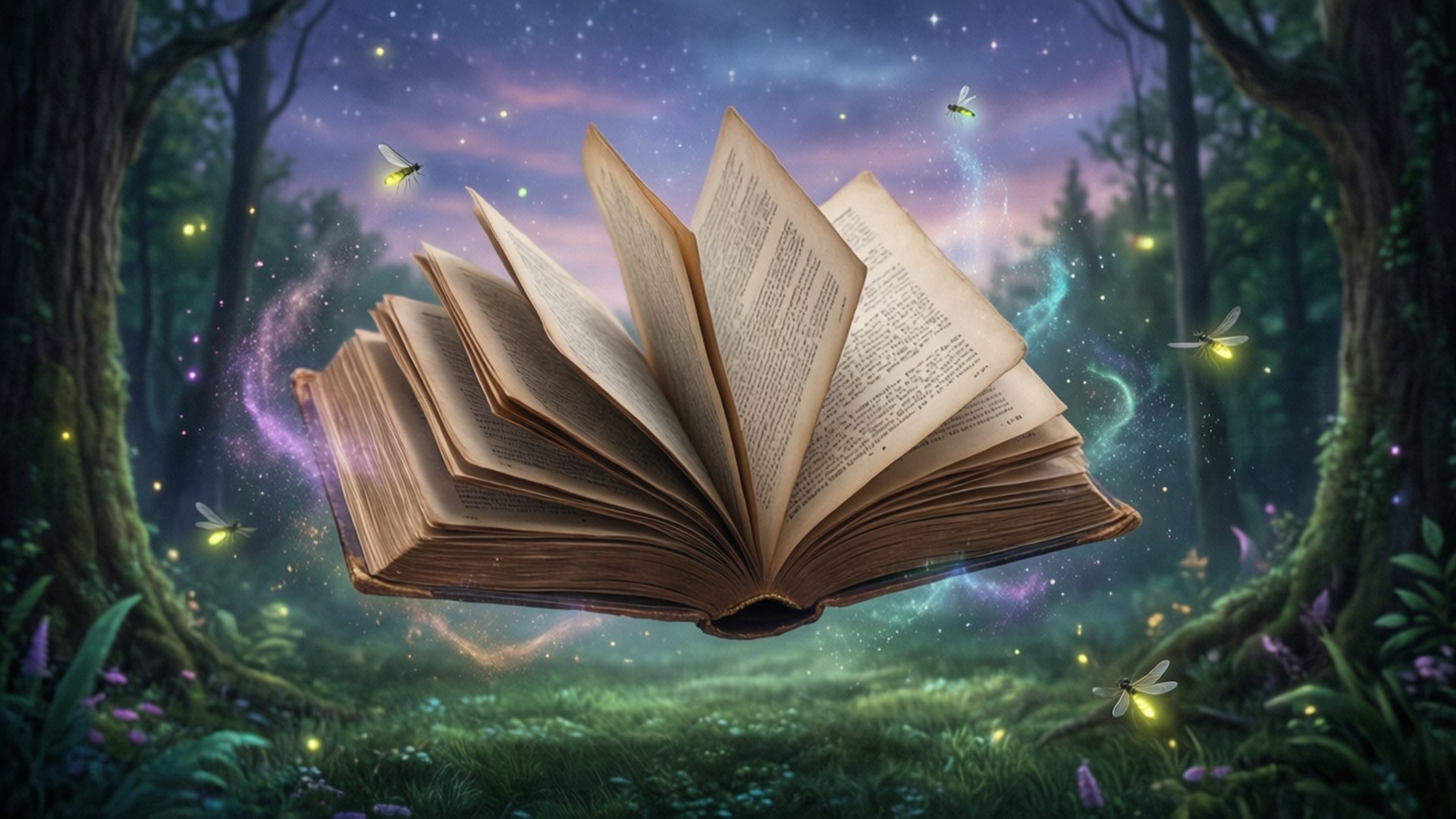 在神秘的森林中漂浮的打開的書，有發光的螢火蟲和星空。