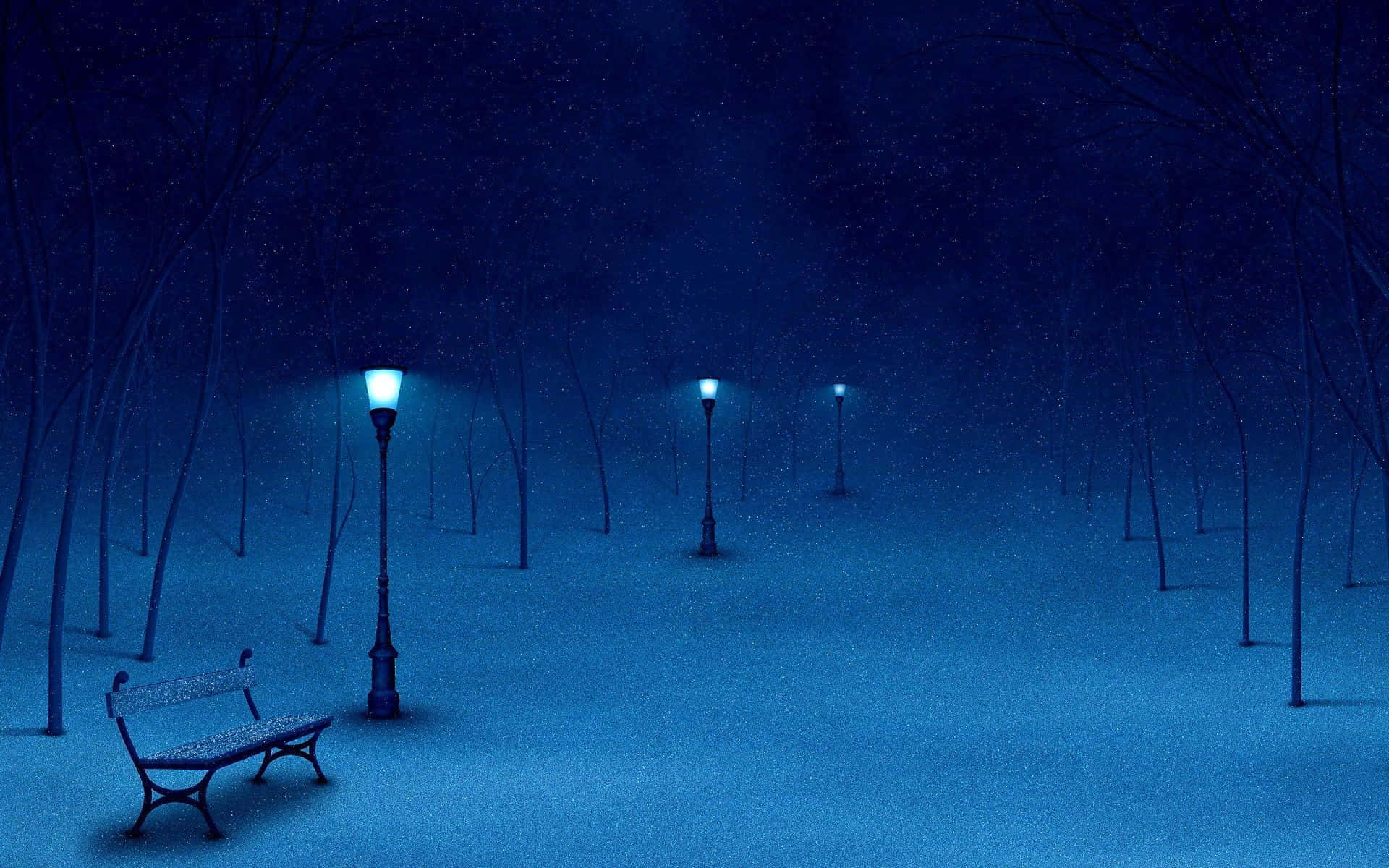 雪地公園長椅在夜晚的發光街燈下，光禿禿的樹木和星星