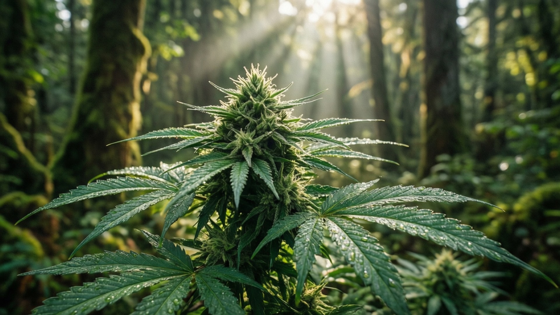 林間露珠芽 壁紙 — 一株茂盛的大麻植物，葉片帶有露珠，矗立在陽光穿透樹冠的森林中。