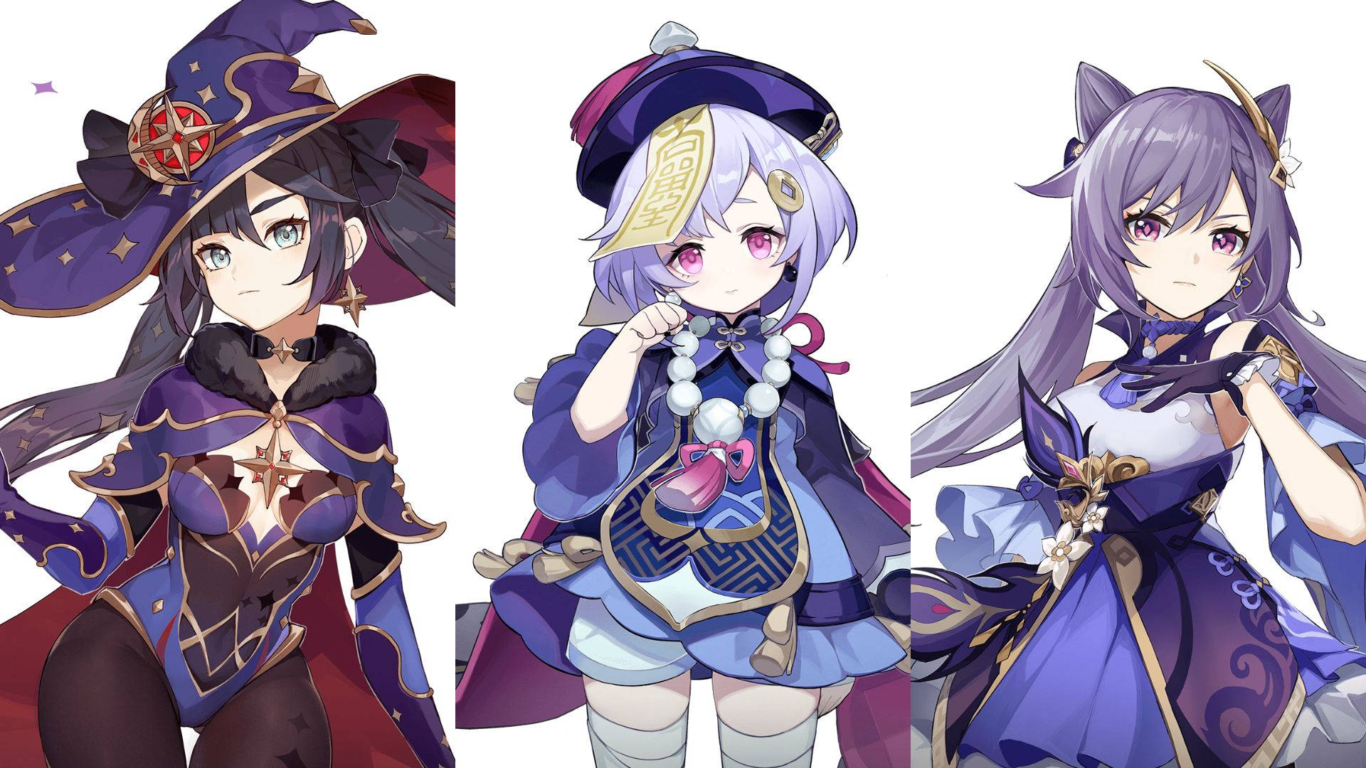 三個穿著紫色奇幻服裝、戴著貓耳和帽子的動漫女孩。