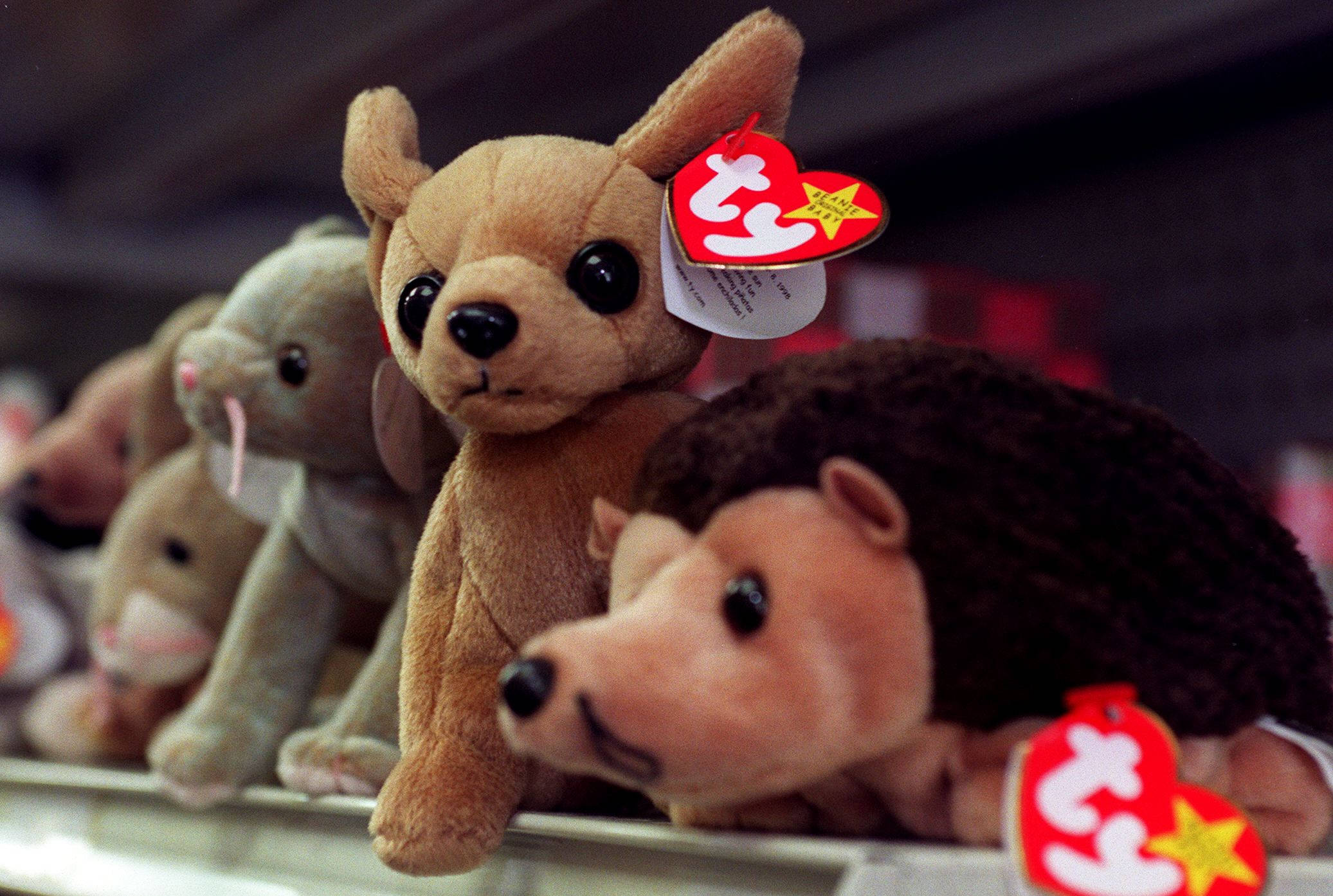 架子上的Beanie Boos玩偶 壁紙 — 近距離拍攝一排擺放在架子上的 Ty Beanie Babies 毛絨玩具，包括一隻淺棕色狗和一隻棕色刺蝟。