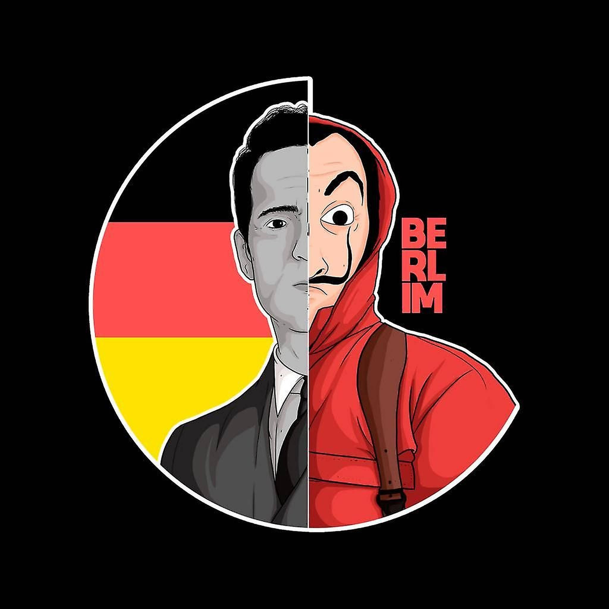 柏林錢財劫案達利面具 壁紙 — 穿著西裝和紅色連帽衫的男士的分割肖像，背景為德國國旗，並帶有粗體紅色的「BERLIN」文字。