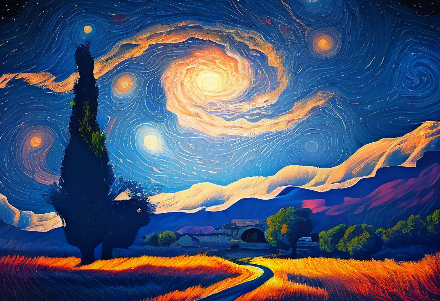Visual Art 桌布 壁紙 — 柏樹下田野中蜿蜒小徑上方，一個發光漩渦的旋轉星空夜空。