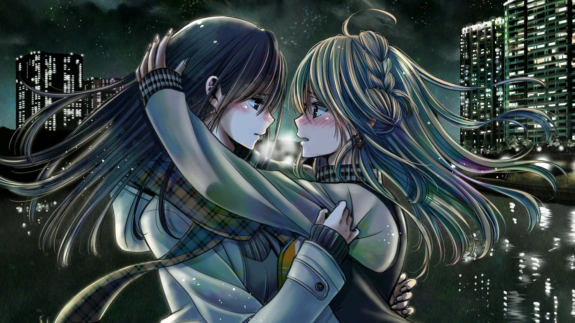 兩個動漫女孩夜晚在城市海濱溫暖擁抱。