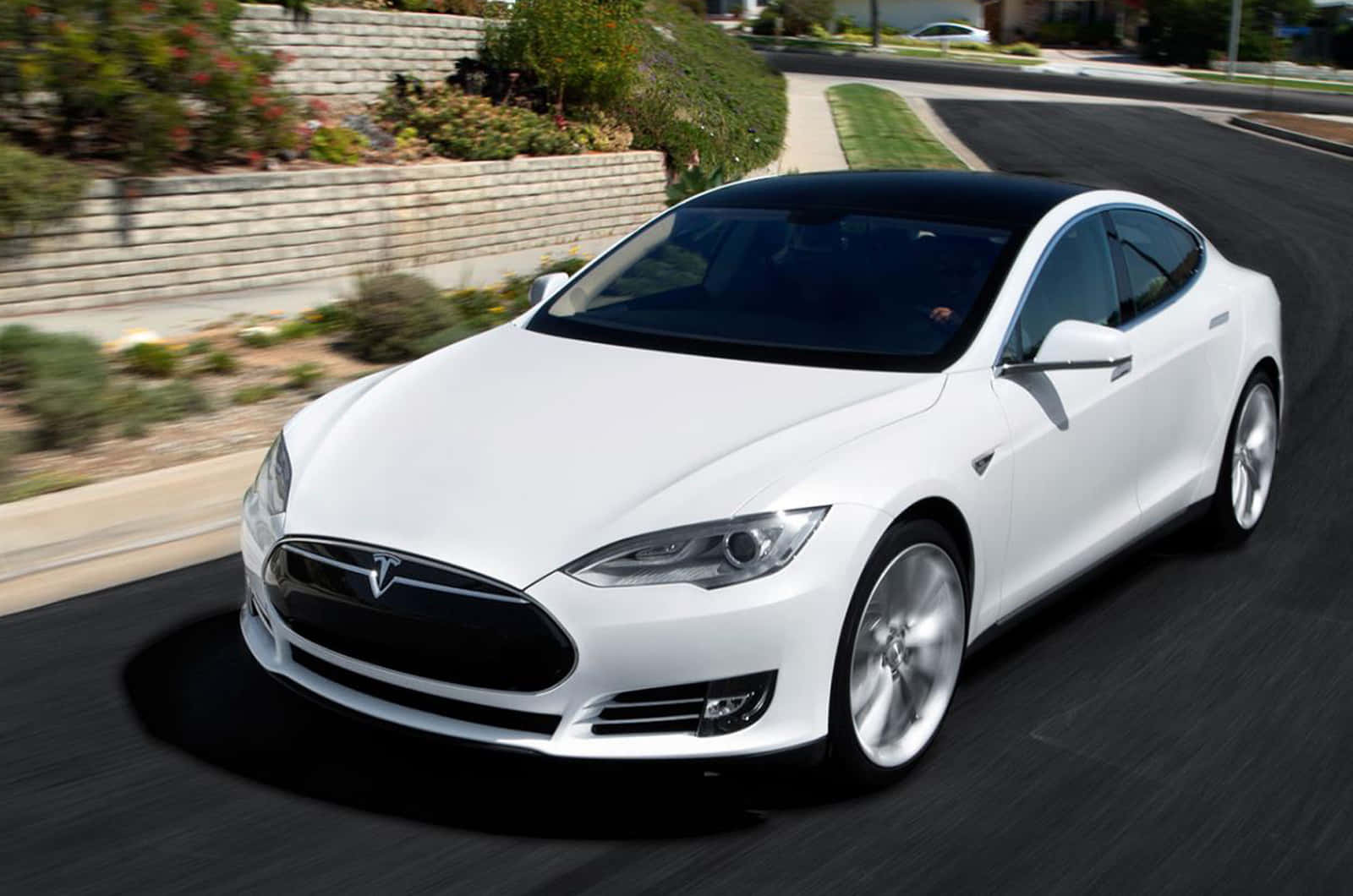 白色Tesla Model S在陽光明媚的郊區街道上行駛。