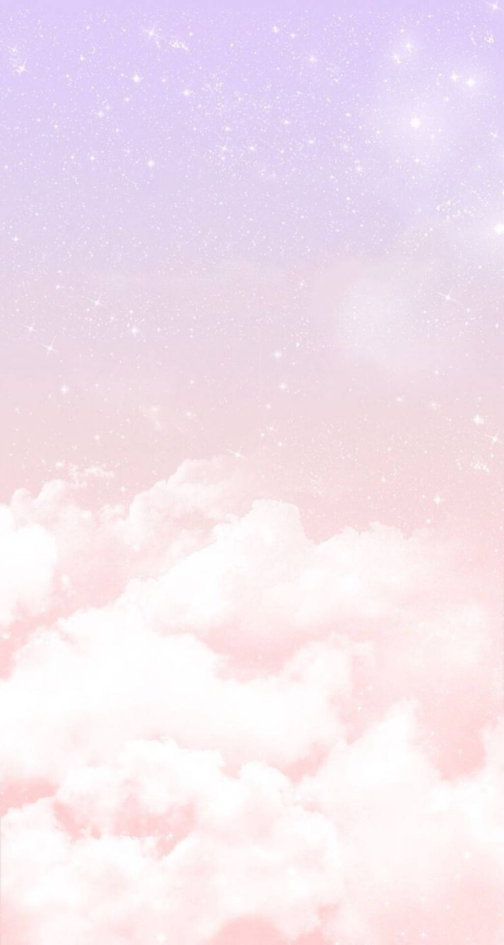 粉彩粉紅色和薰衣草色天空，星星在蓬鬆的雲層之上。