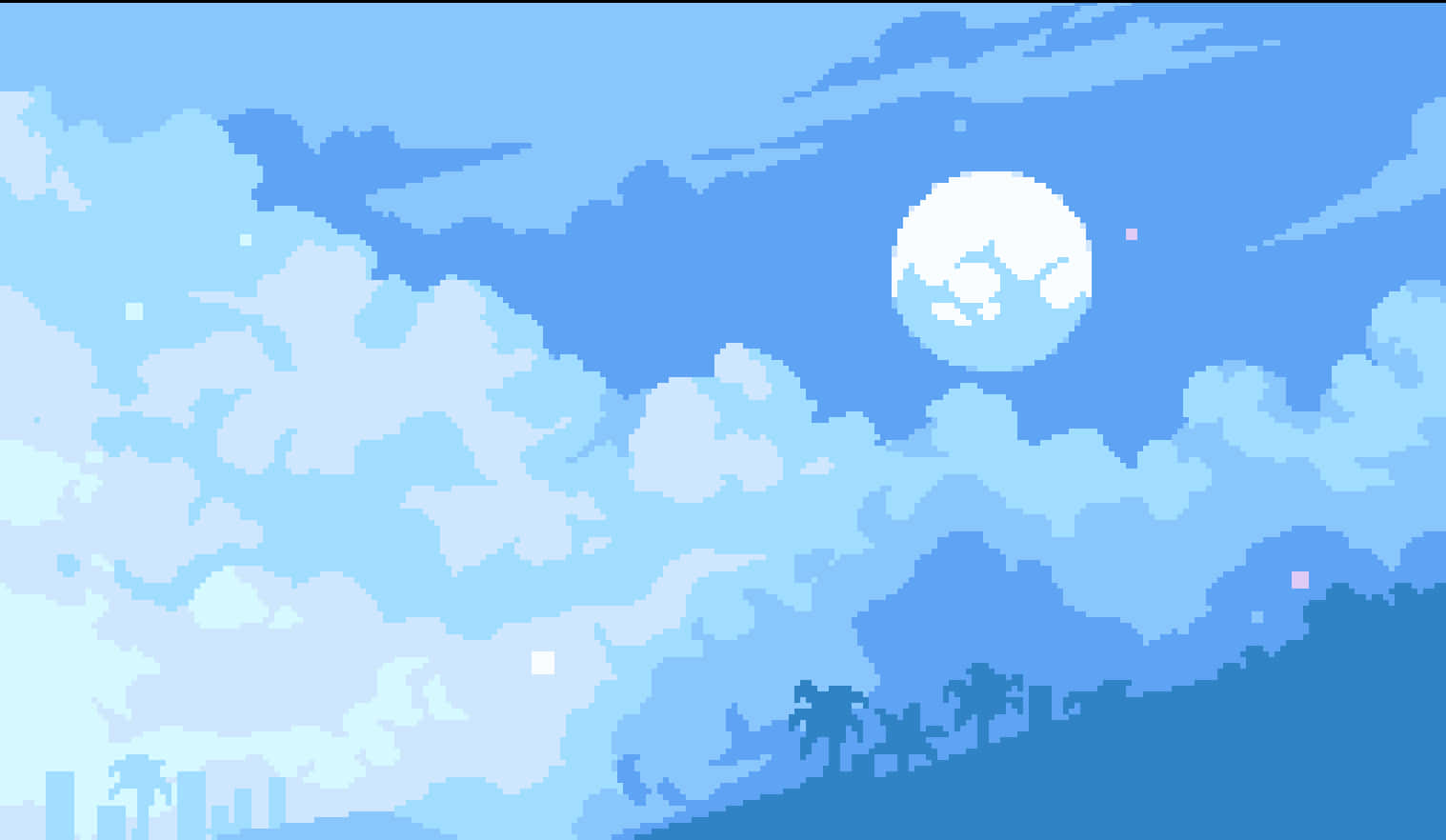柔和低調的藍色水彩背景 壁紙 — 像素藝術天空，滿月在柔軟雲層後發光，映襯著剪影熱帶景觀。
