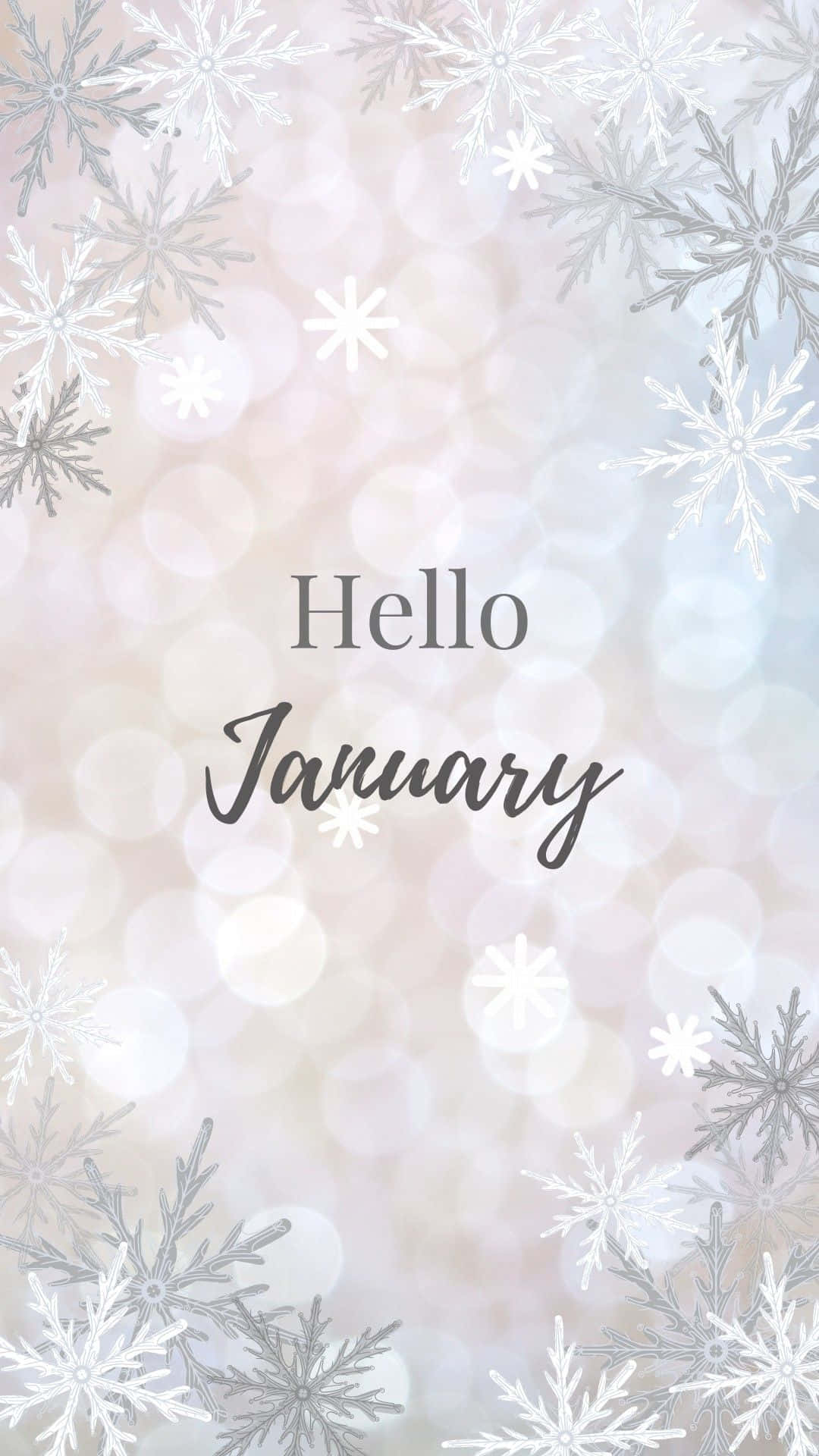 一月 桌布 壁紙 — 柔和冬日主題壁紙，銀色雪花框住文字「Hello January」，背景為散景效果。