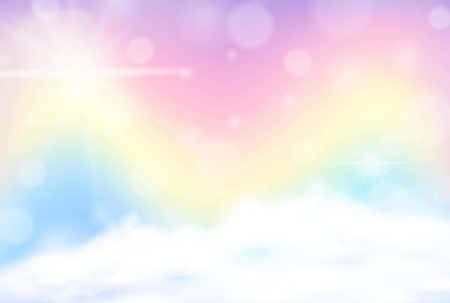 Pastel Cute 桌布 壁紙 — 柔和嘅粉彩彩虹光線穿過蓬鬆嘅雲層，帶有發光嘅散景同鏡頭光暈，喺夢幻嘅天空中閃耀。
