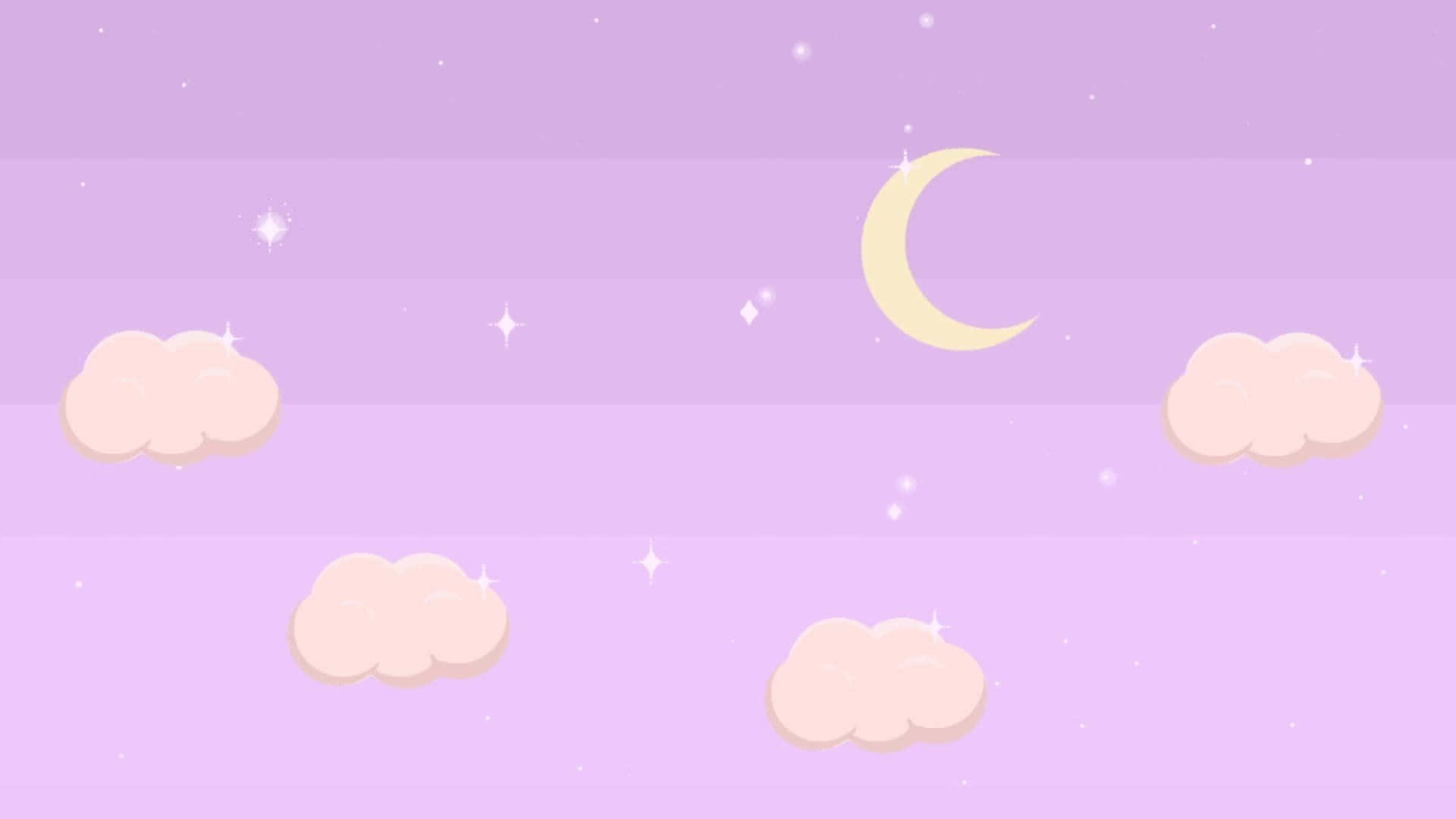 Kawaii Space 桌布 壁紙 — 柔和嘅粉紫色天空，配上黃色新月同閃爍星星嘅 fluffy 雲。