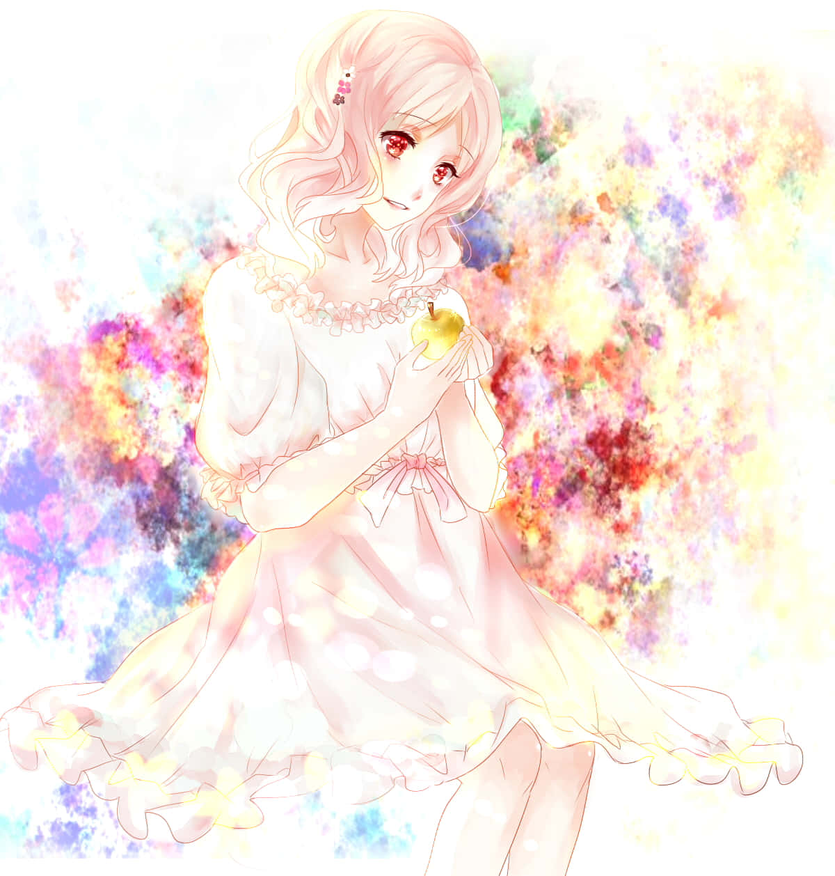 柔和夢幻風小森由依 壁紙 — 一個精緻的動漫女孩，粉紅頭髮和紅眼睛，拿著一個發光的蘋果，背景是充滿活力的水彩潑濺。