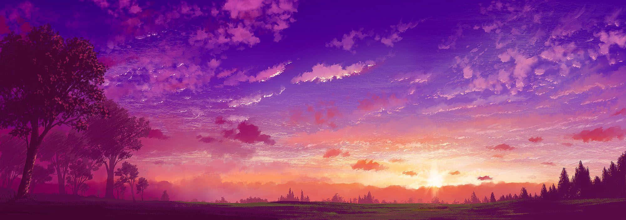 柔和寧靜的粉紅動漫背景 壁紙 — 充滿活力的紫色和粉紅色日落描繪了天空，下方是寧靜的田野，有剪影樹木和遠山。