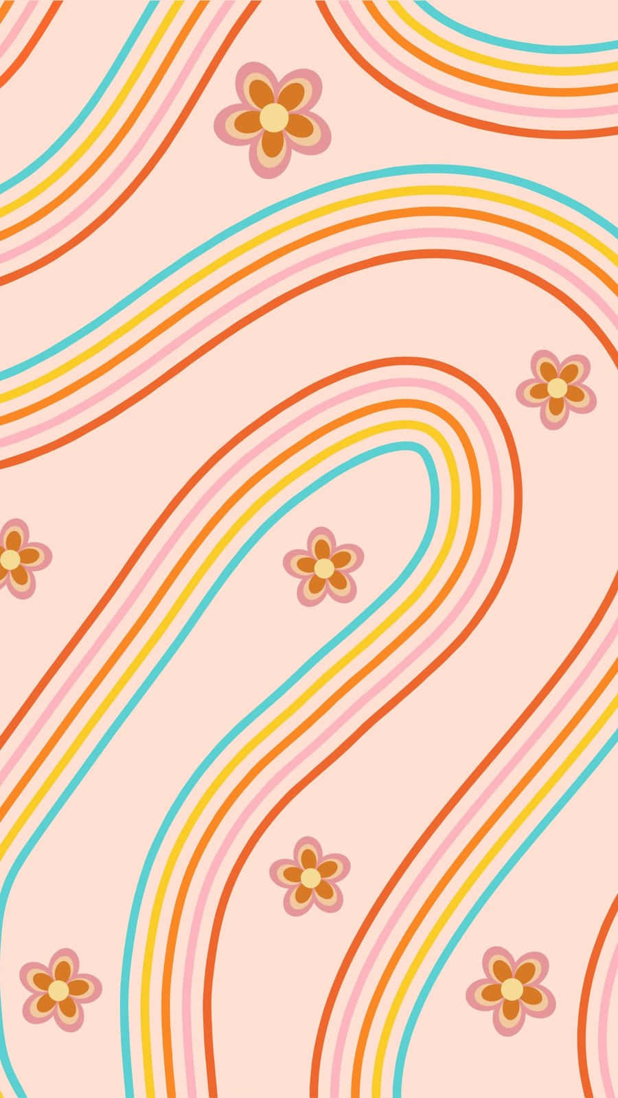 Flower Phone 桌布 壁紙 — 柔和彩虹條紋優雅地彎曲在一個柔軟的粉紅色背景上，點綴著歡快的風格化花朵。