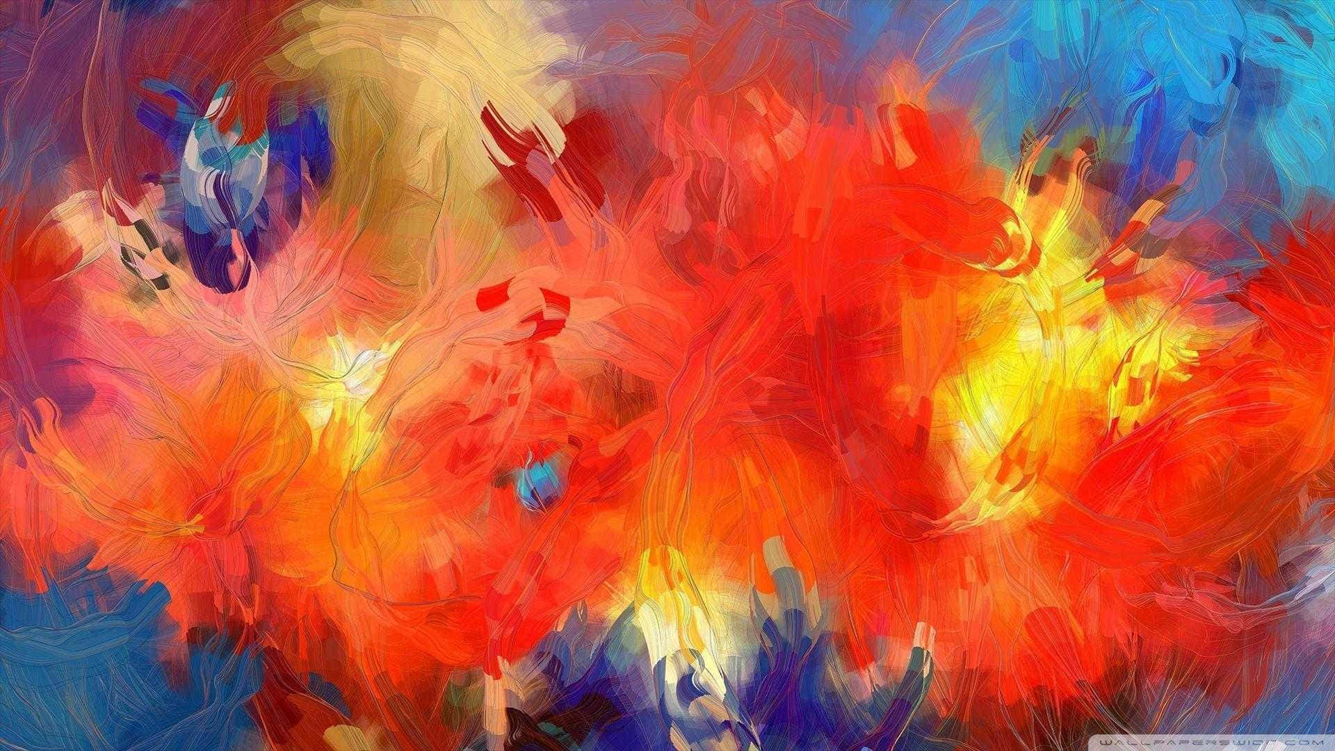 帶有火紅橙與冷藍筆觸的動態抽象藝術作品。