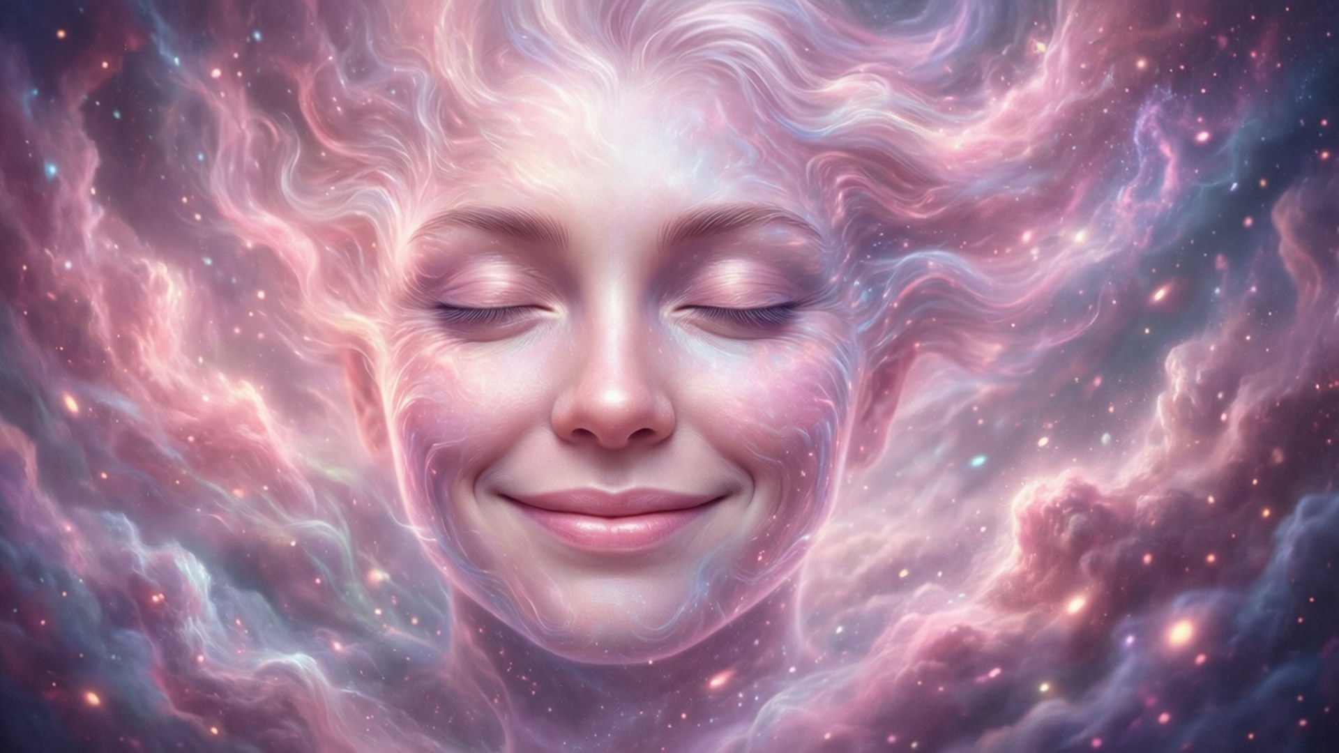 一位閉著眼睛的平和女性，被發光的宇宙雲和星星包圍。