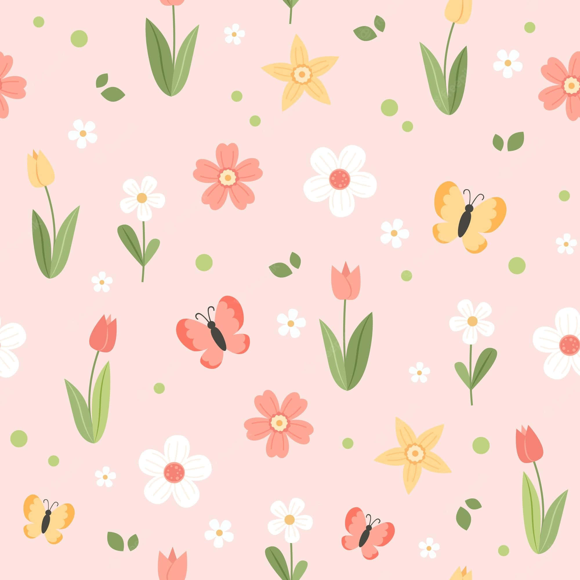Cute Flower 桌布 壁紙 — 柔和春日色彩中散落花朵和蝴蝶的粉紅色牆紙圖案。