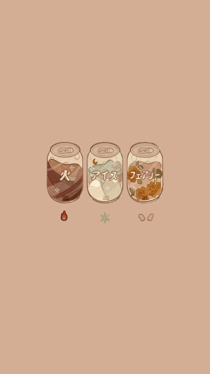 三個插圖飲料罐頭，標籤為火、冰和仙子，帶有抽象漩渦和圖標。