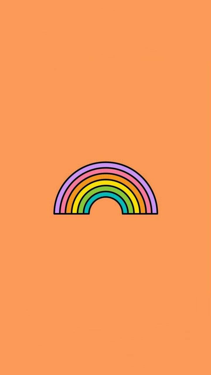 柔和橙色美學彩虹 壁紙 — 一條極簡彩虹，帶有粗黑輪廓和鮮豔色彩，在純色蜜桃色背景上輕輕彎曲。