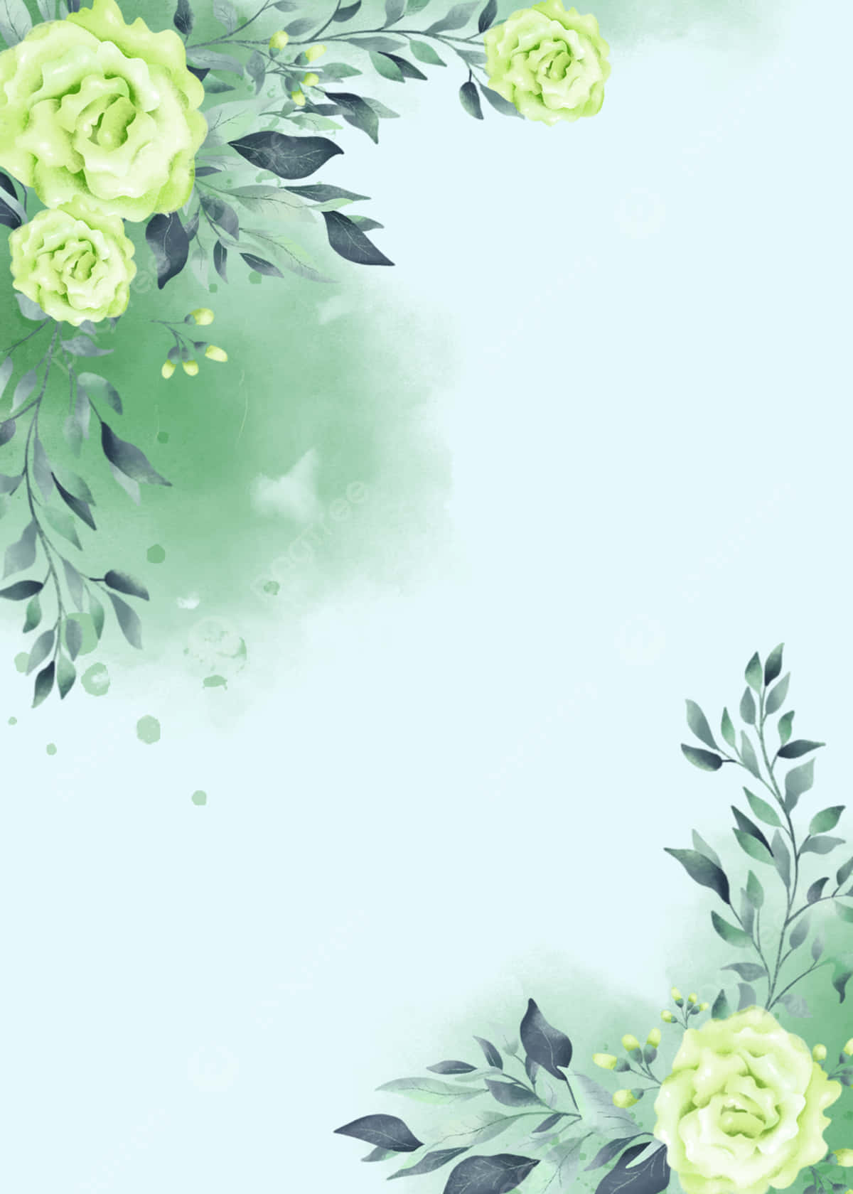 綠色花卉 桌布 壁紙 — 柔和水彩花卉角落，淺綠色玫瑰和深色葉子，薄荷色背景。