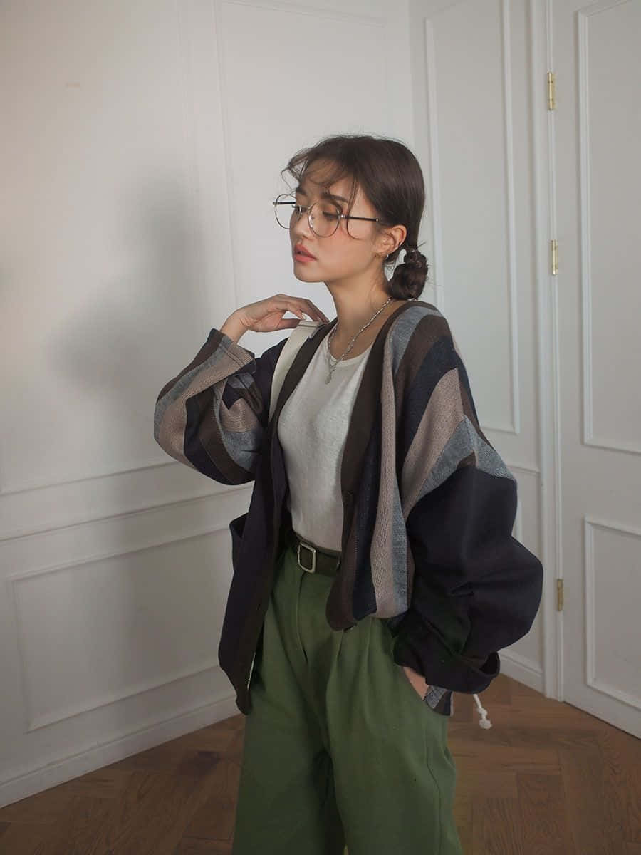 戴眼鏡和條紋開襟衫的年輕女性在室內擺姿勢。