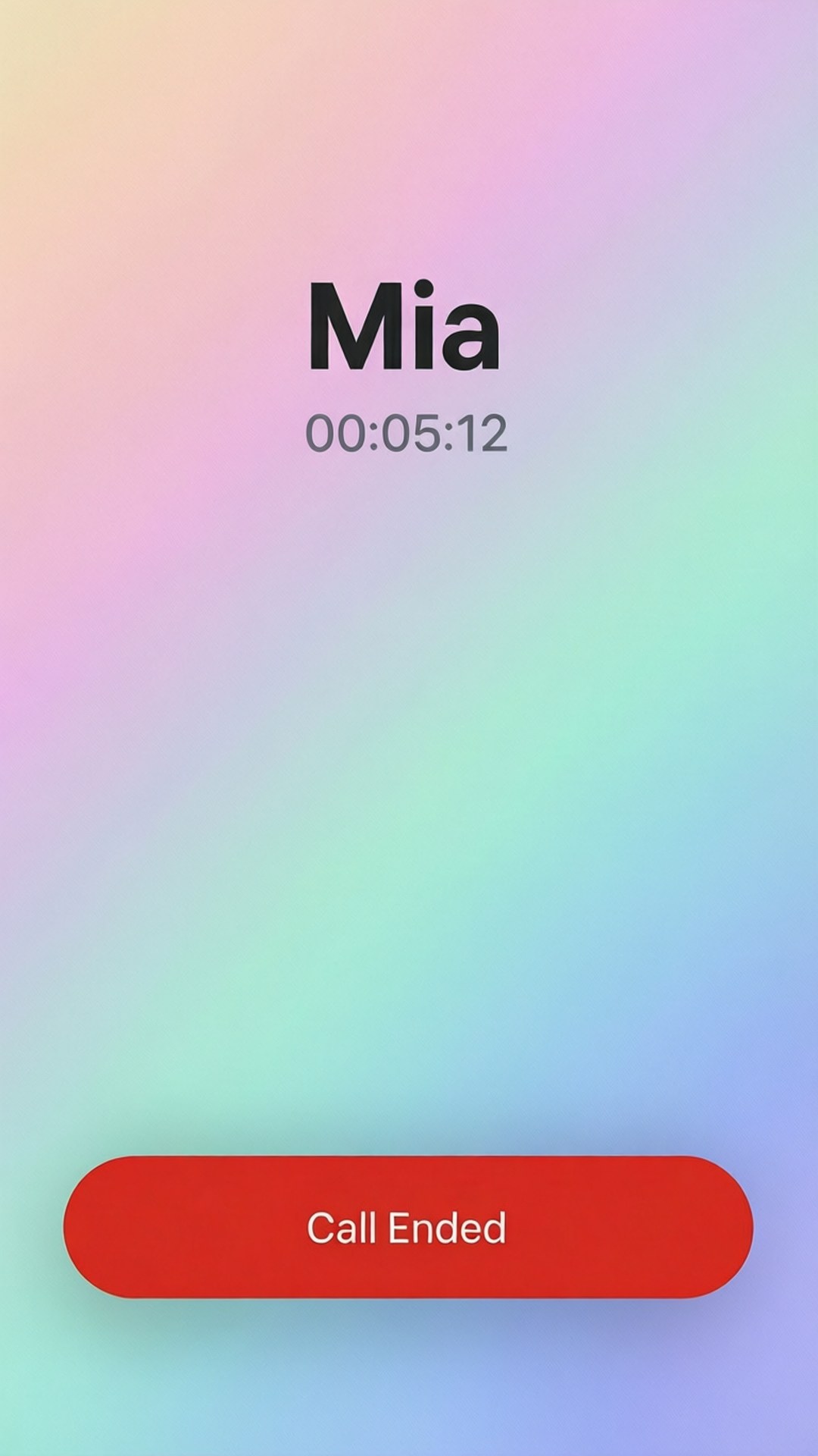通話結束畫面，顯示聯絡人姓名 Mia 和通話時長 00:05:12，背景為粉彩漸變色。